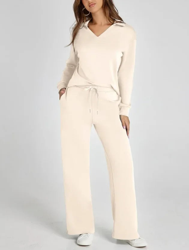 Women's 2 Piece Set™ Loose Long Sleeve V-Neck Top with Drawstring Elastic Waist Bell BottomsSet