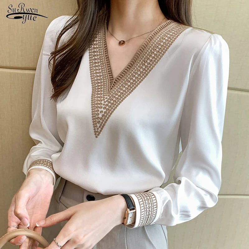 Women's Elegant Chiffon Shirt™ White V Neck Casual Loose Long Sleeve T-shirt