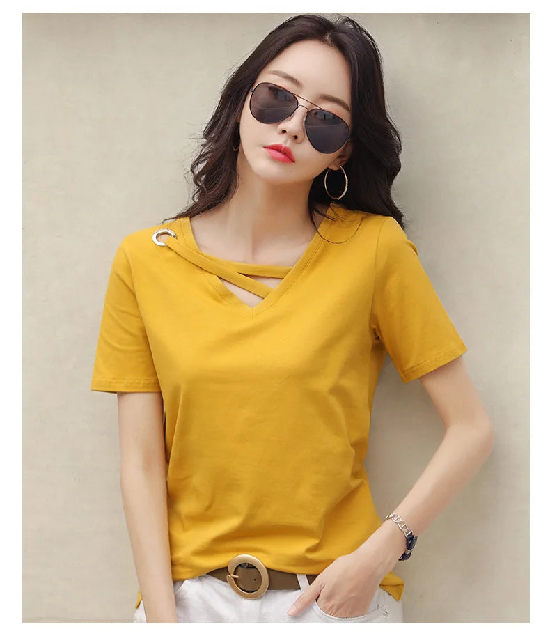 Women Short Sleeve Heart-neck T-shirt™ Half-sleeve Loose Tops