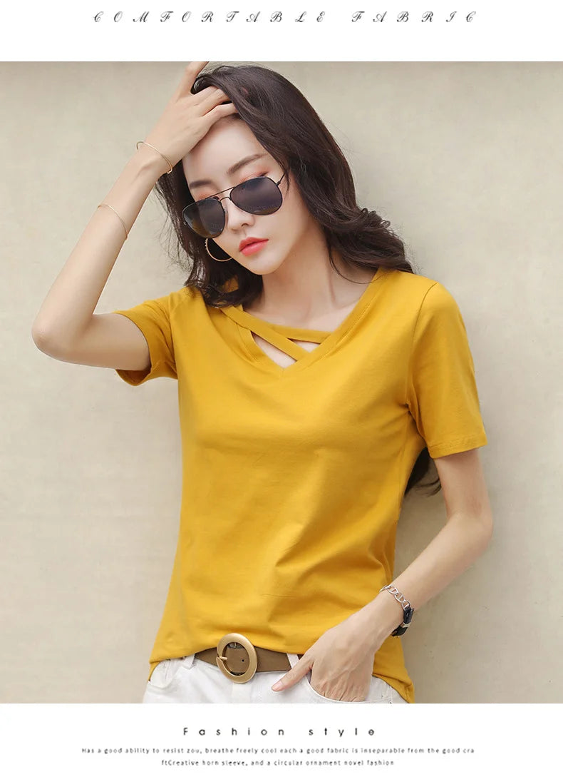 Women Short Sleeve Heart-neck T-shirt™ Half-sleeve Loose Tops