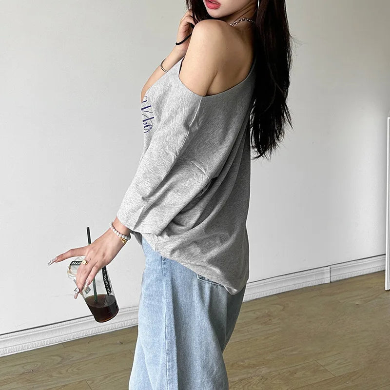 Women's Summer T-Shirt™ Letter Print Graphic Oversized One Shoulder Tops