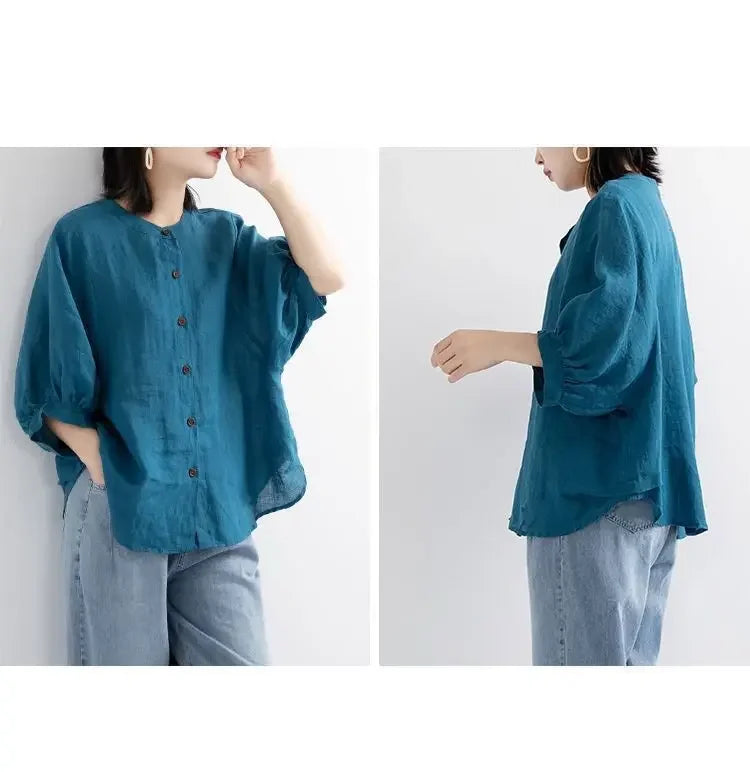 Women's Cotton Linen Shirts™ Loose Fit Round Neck Plus Lantern Sleeve Shirt