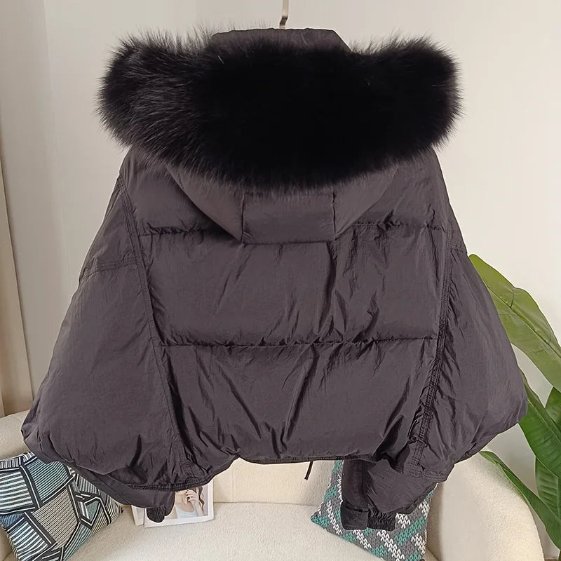 Women's Duck Down Loose Winter Jacket™ Real Fox Fur Raccoon Fur Collar Hooded Thick Warm Detachable Coat