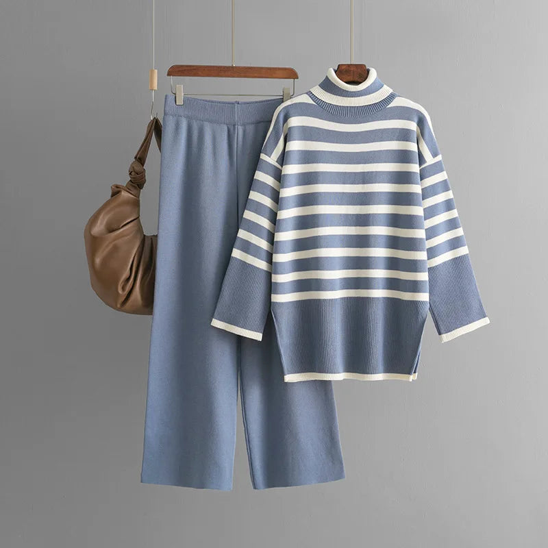 Women's Suits™ SINGREINY Striped Turtleneck Sweater High Waist Wide Leg Pants Knitted Loose Suits