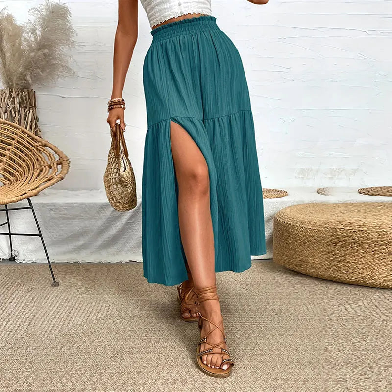 Women Bohemian Midi Skirt™ High Waist Solid A Line Ruffle Side Slit Skirts
