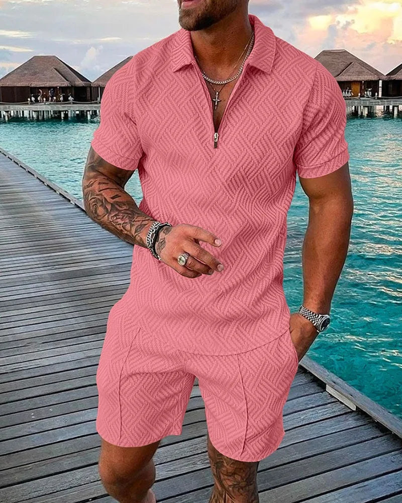 Men's Shorts Set™ Short Sleeve Zip Polo Shirt Street T-shirt Two Piece Casual Sportswear