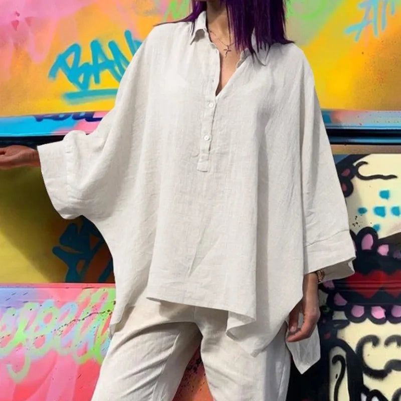 Women's Vintage Loose Cotton Shirts™ Punk Style Batwing Sleeve Polo Neck Blouses
