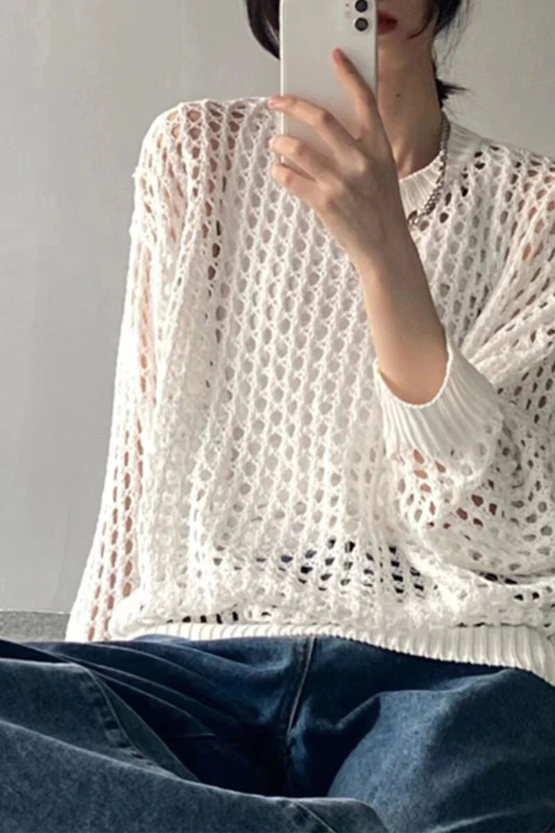 HELIAR Women's Hollow Out T-shirts™ Long Sleeve O-Neck Loose Casual Knit Sweater