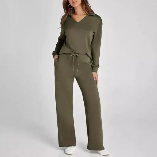 Women's 2 Piece Set™ Loose Long Sleeve V-Neck Top with Drawstring Elastic Waist Bell BottomsSet