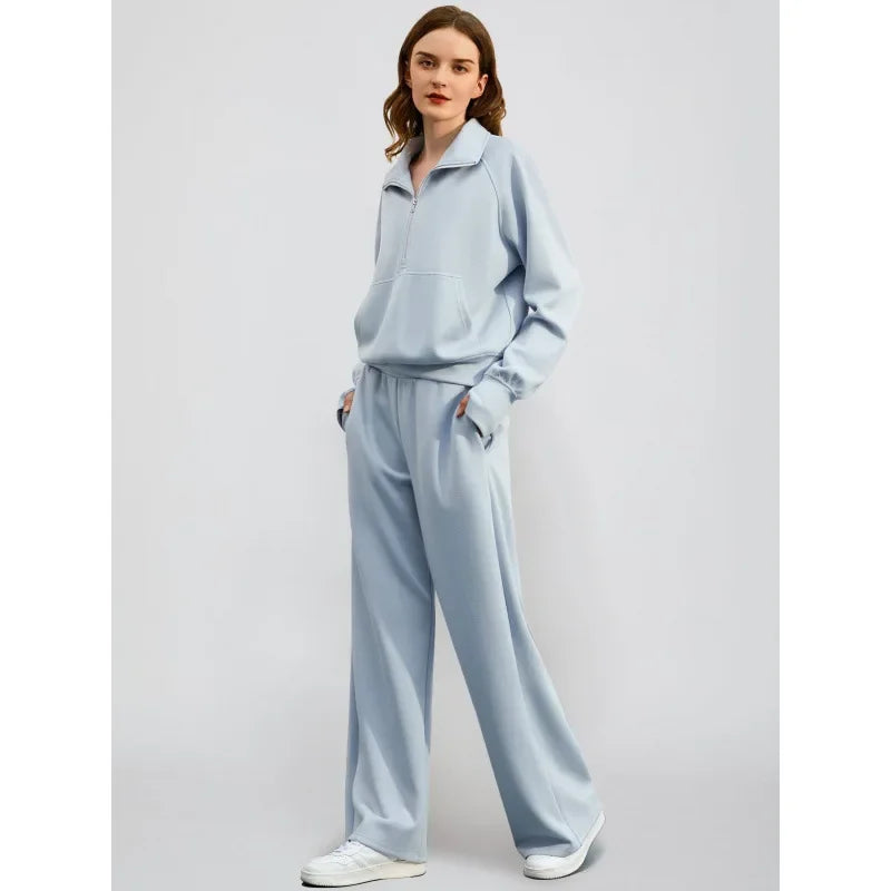 Women's European Style 2-Piece Set™ Zip Up Polo Shirt Wide Leg Sweatpants Casual Suit