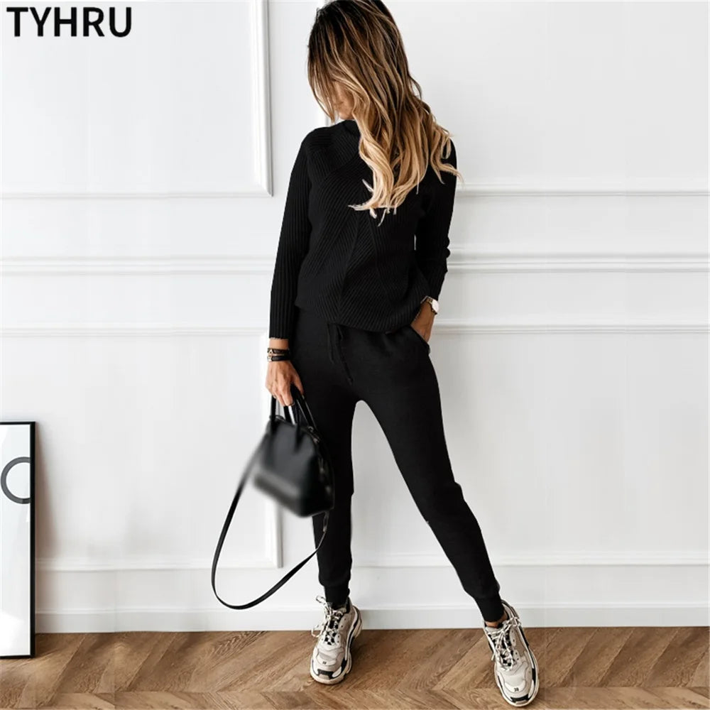 Women's tracksuit™ TYHRU Autumn Winter Knitted Striped Turtleneck Sweater and Elastic Trousers Set