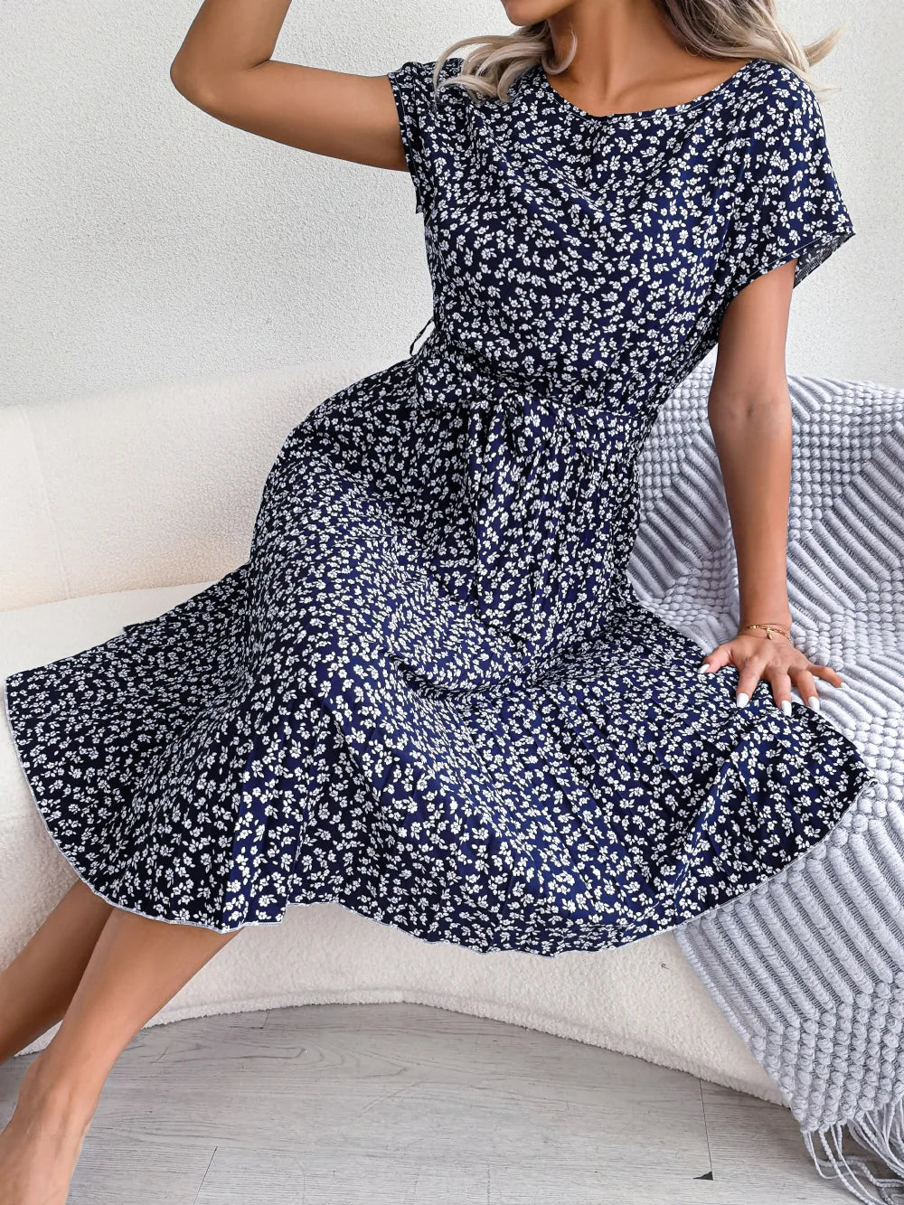 Women Dresses™ Spring Summer Short Sleeve High Waist Floral Pleated A Line Long Dress
