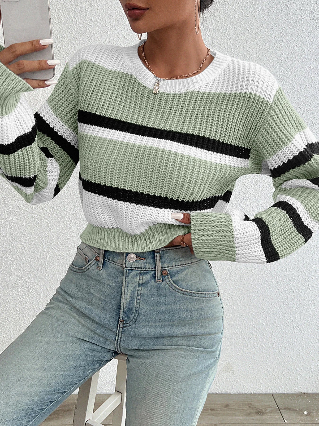 Women's loose drop shoulder round neck sweater™ color knitted long sleeve sweater