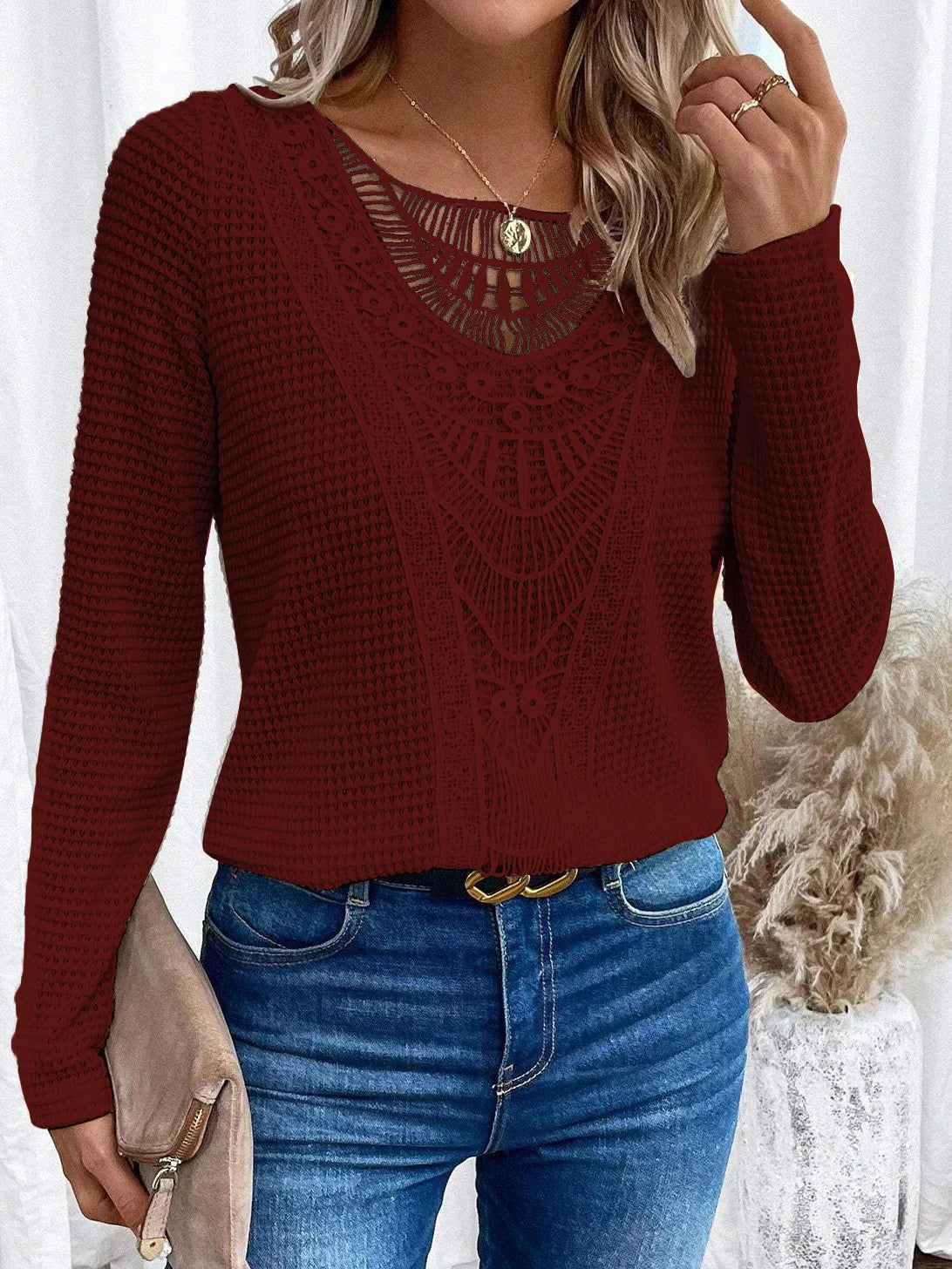 Women's T-Shirt™ Solid Crew Neck Cut Out Ribbed Long Sleeve T-Shirt