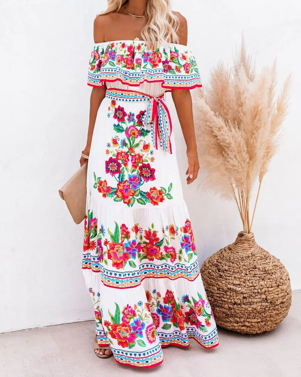 Women's Spring Summer Dresses™ Stand Off-shoulder Red Flower Printing Long Oversized Wide Hemline Sleeveless Dress