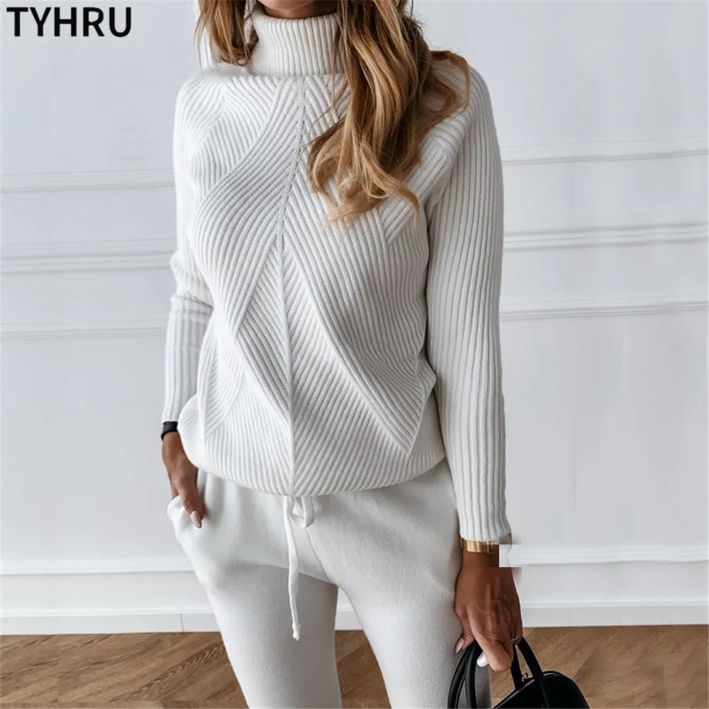 Women's tracksuit™ TYHRU Autumn Winter Knitted Striped Turtleneck Sweater and Elastic Trousers Set
