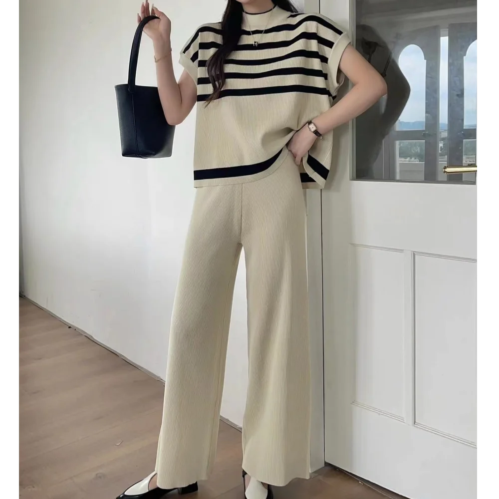 Women's Summer Suit™ 2 Pieces Set O-Neck Sleeves Tank Top Stripe Sweater Wide Leg Pant Set Outfit