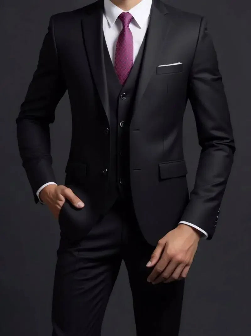 Men's Suit (Blazer+ Vest + Trousers) British Style Solid-color Suit