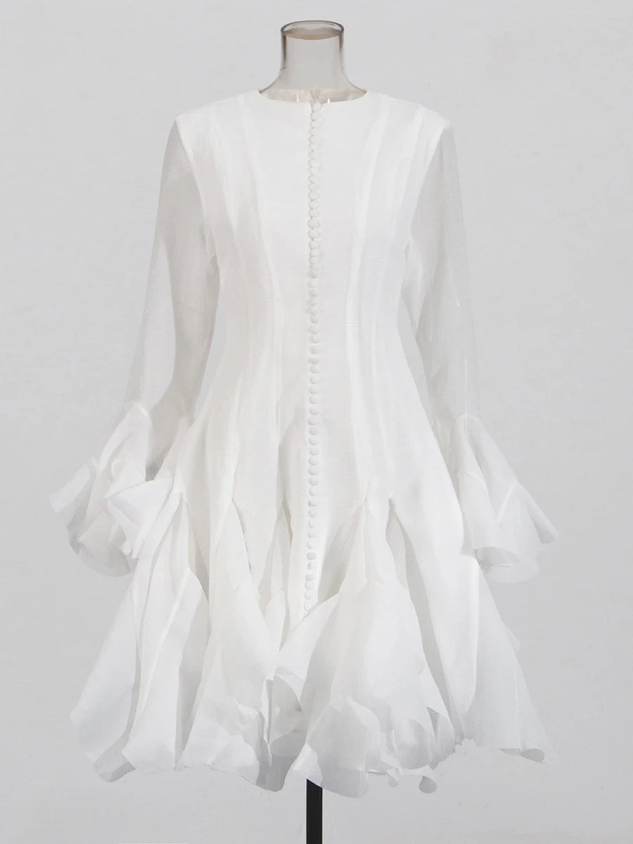 Women's Dress™ VGH Sweet Ruffles Elegant Knee Length Round Neck Flare Sleeve High Waist Spliced Button Dress