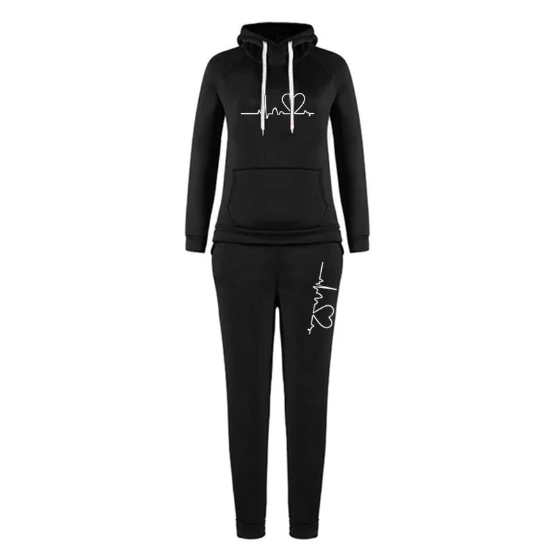 Printed Women's Suit™ Hooded Heartbeat Line Sweatshirt Pants Set