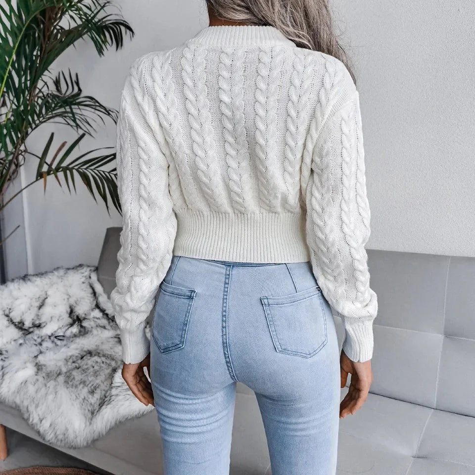 Women's Knit Sweater™ Long Sleeve Crew Neck Crop Cable Tops