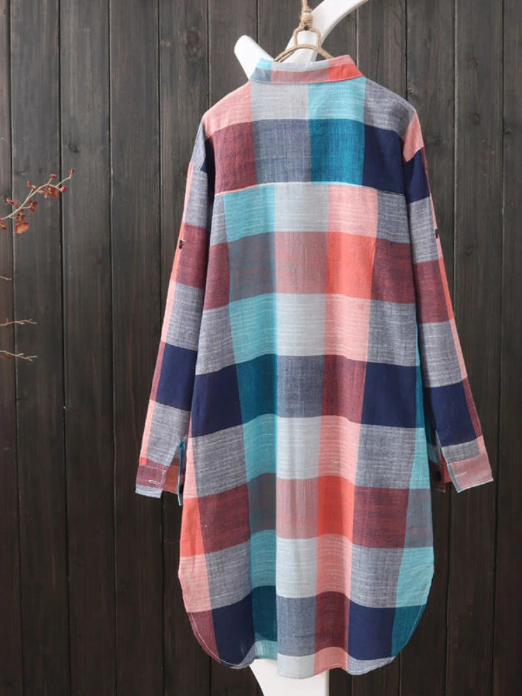 Women's Plus Size Loose Plaid Blouse™ Mid Length Long Sleeve Cotton Shirt Outwear