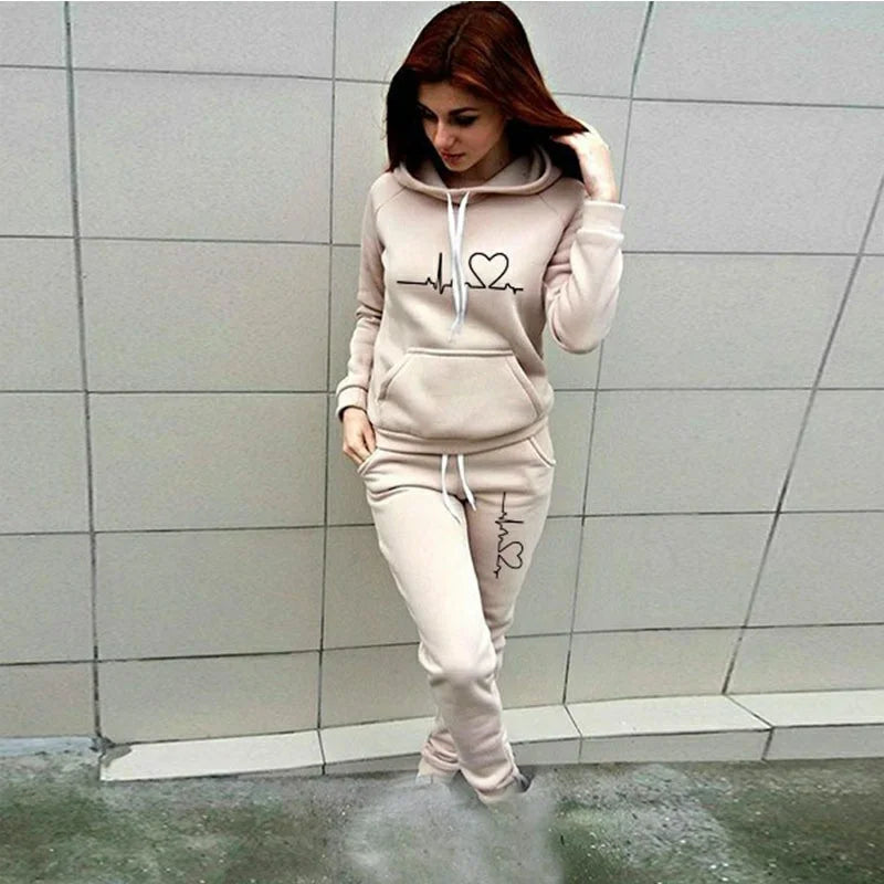 Printed Women's Suit™ Hooded Heartbeat Line Sweatshirt Pants Set