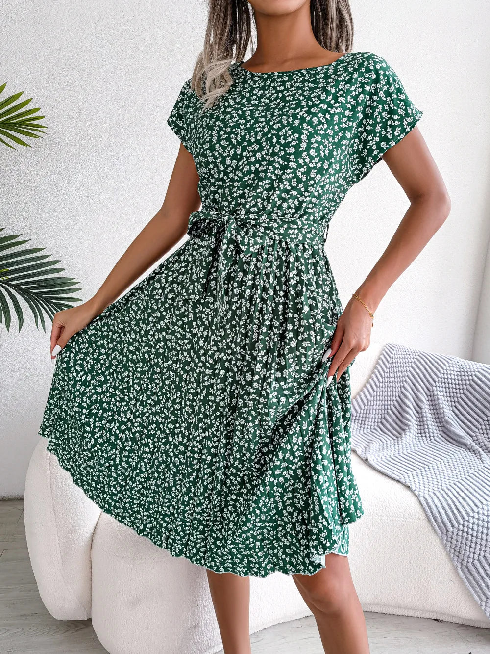 Women Dresses™ Spring Summer Short Sleeve High Waist Floral Pleated A Line Long Dress