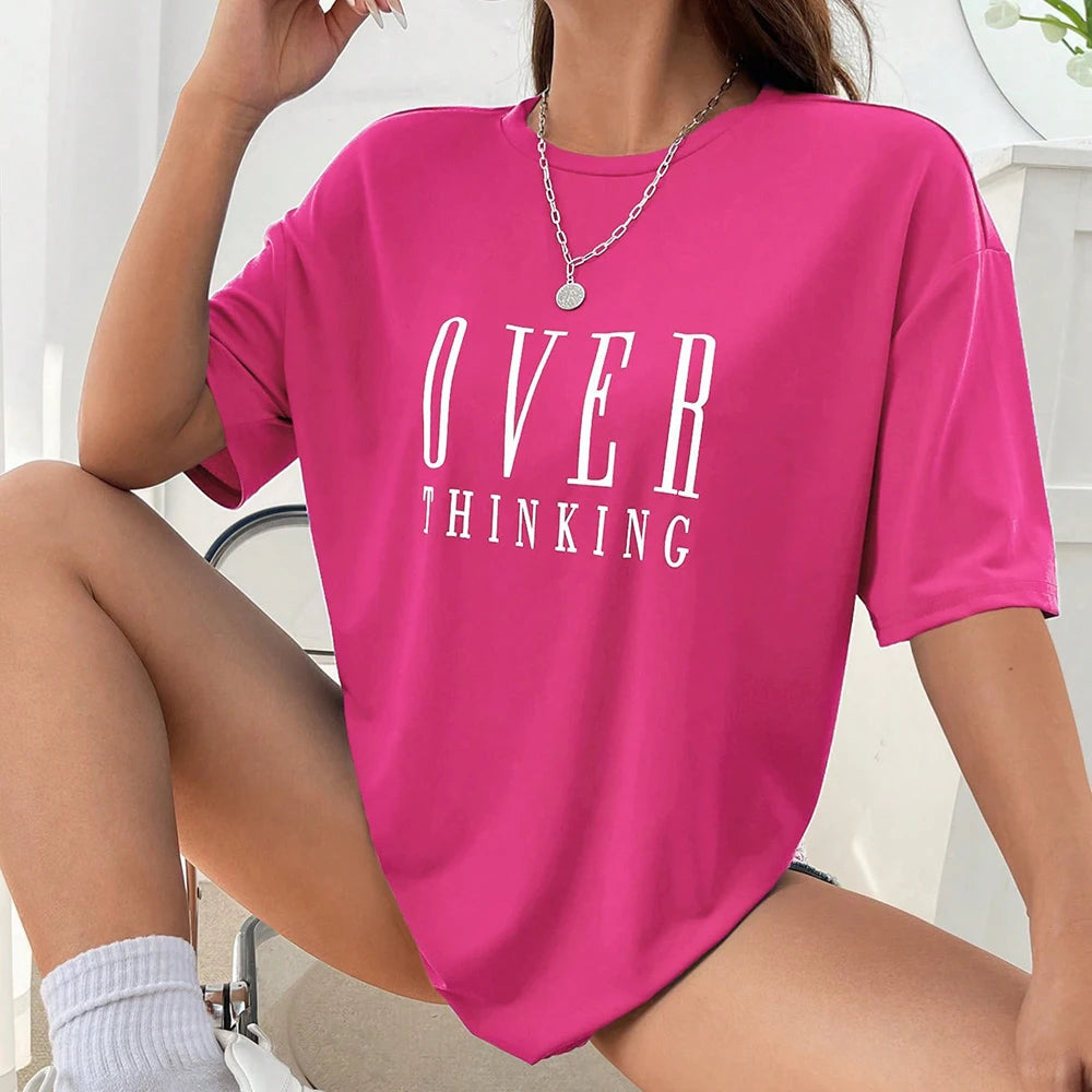 Over Thinking Letter Print Women's Cotton Short Sleeve Vintage T-shirt™ Breathable O-Neck T-Shirts