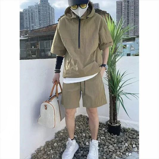 Men's Cargo Style Set™ Hooded Short Sleeve T-shirt Loose Shorts Suit