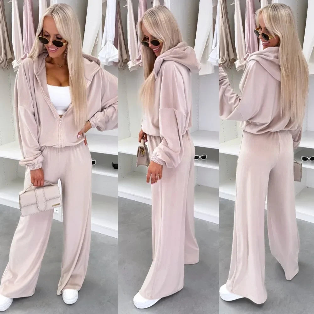 Women's  Casual Outfit™ Zipper Hooded Cardigan + Wide Leg Pants Two Piece Set