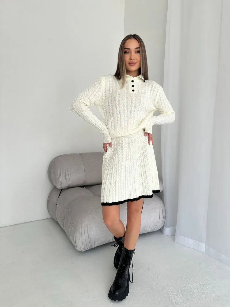 Women's Knitted Set™ Long Sleeve Lapel Buttons Knitting Sweater Short Skirt Sets