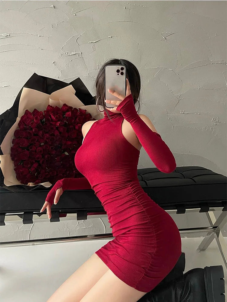 Women's High Neck Mini Dress™ Over-sleeve Pleated Bodycon Tank Hip Wrap Dresses