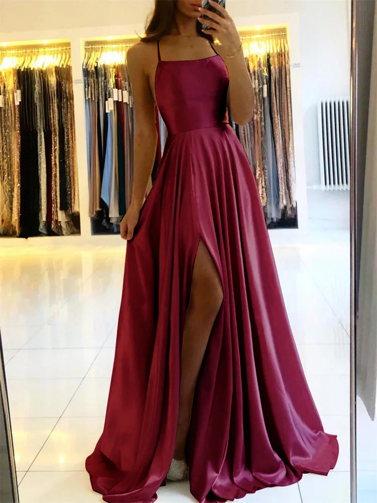 Women's Burgundy Maxi Dress™ Side Slit Adjustable Straps Dresses