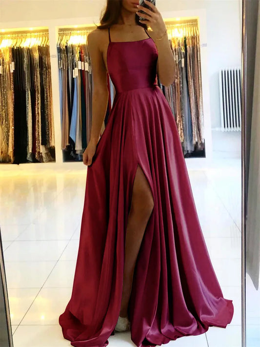 Women's Burgundy Maxi Dress™ Side Slit Adjustable Straps Dresses