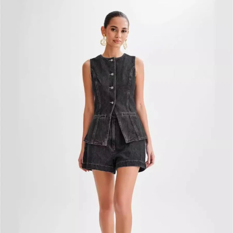 Women's Sleeveless High Waist Summer Suit™ Denim Shorts Sleeveless Vest Set