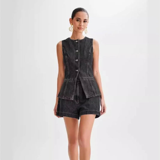 Women's Sleeveless High Waist Summer Suit™ Denim Shorts Sleeveless Vest Set