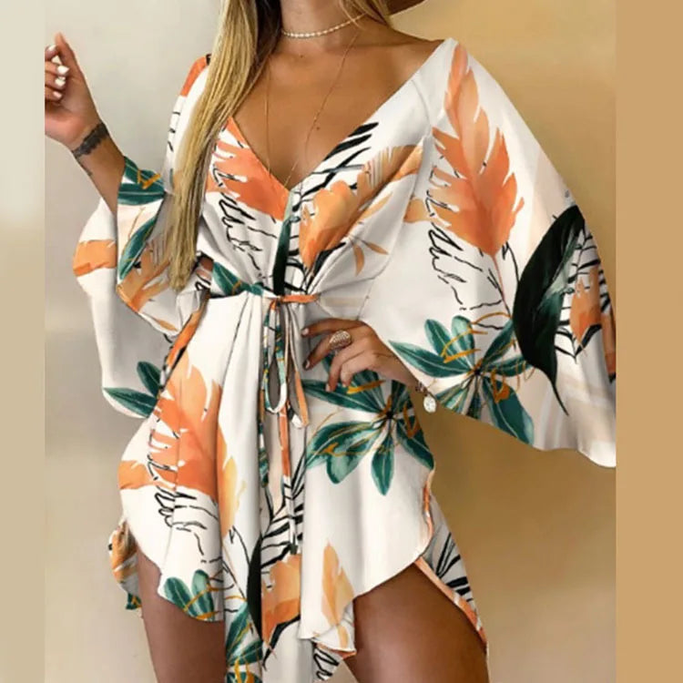 Women's Print V-Neck Bat Sleeve Ruffe Dress™ Flowers Print Bohemian Beach Mini Dresses