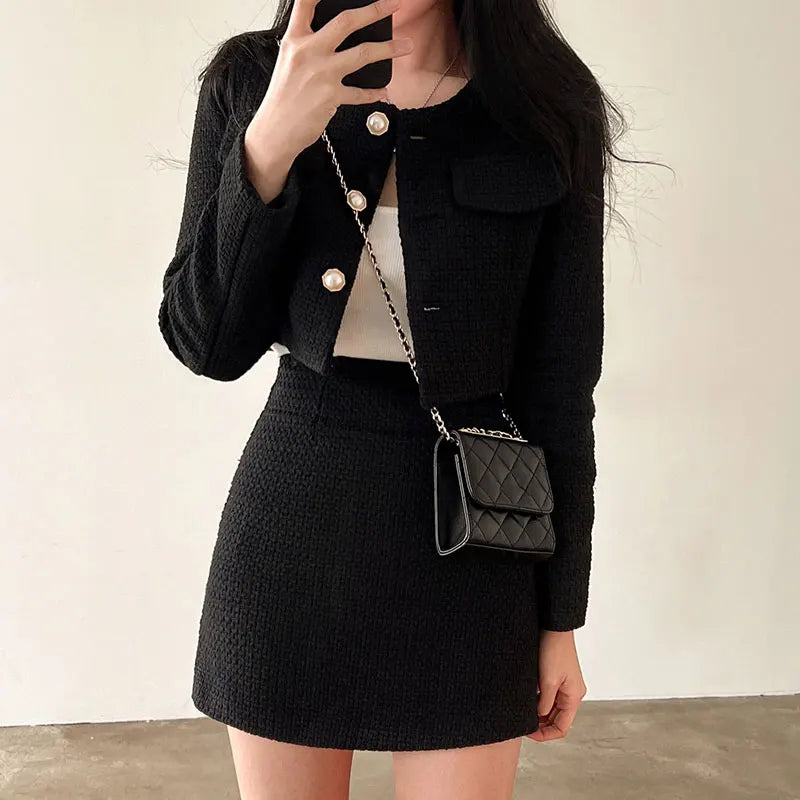HELIAR Women's Jacket & Skirt Set™ Tweed Long Sleeve Pearl Buttons Short Jacket and A-line Mini Skirt Outfits