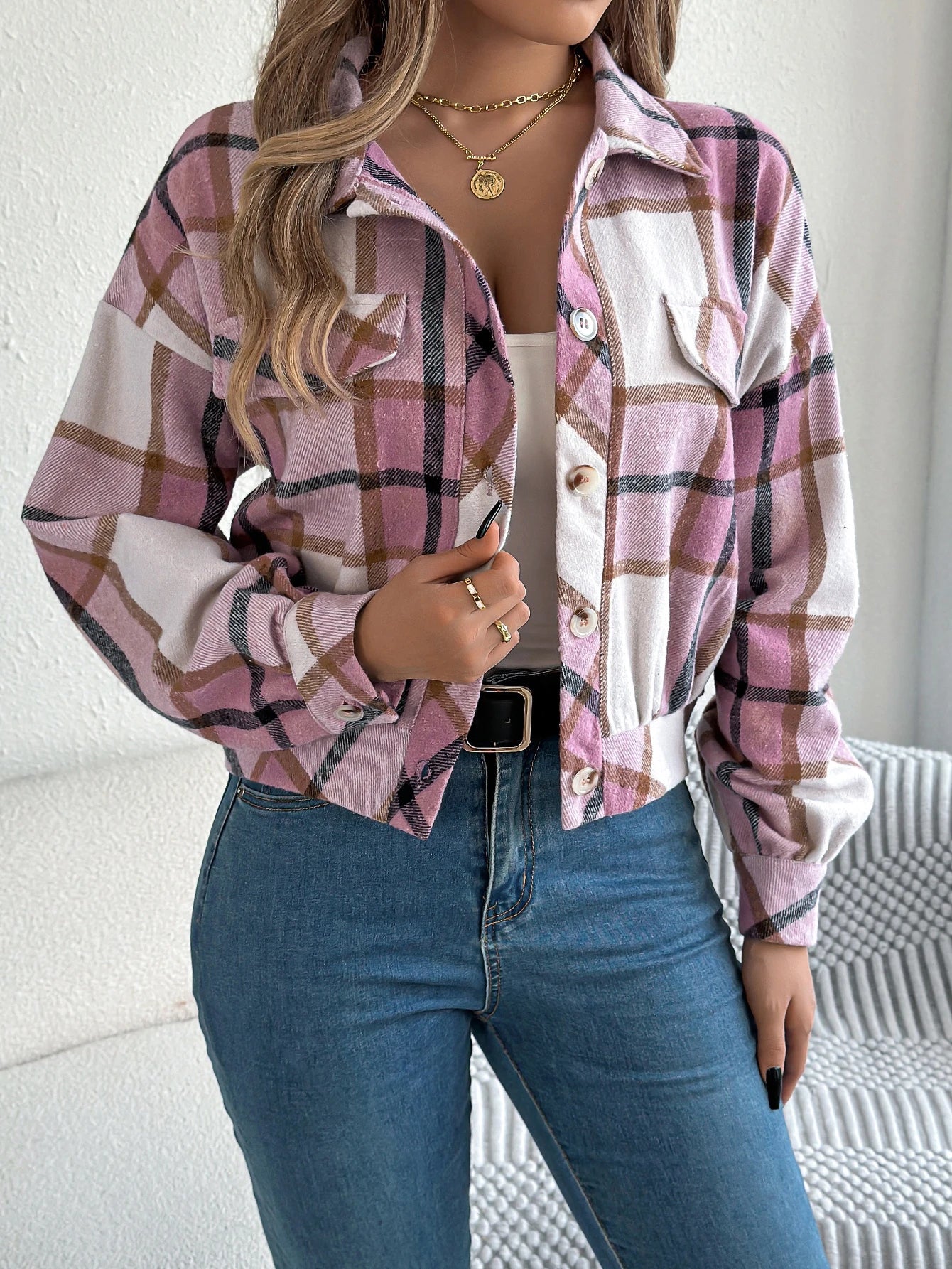 Women's Plaid Short Coat™ Lantern Long Sleeve Turn-Down Collar Button Woolen Jacket