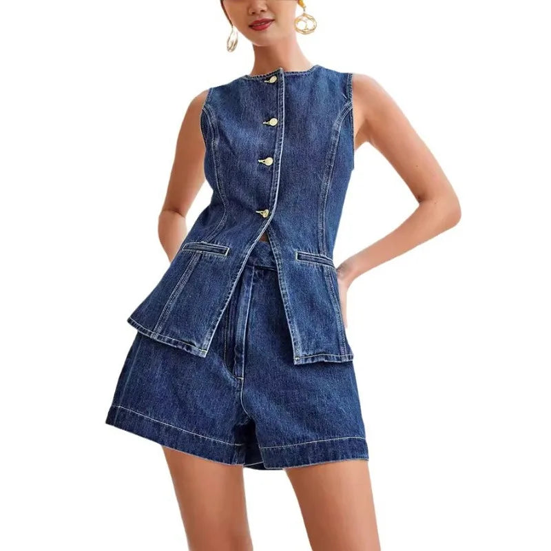 Women's Sleeveless High Waist Summer Suit™ Denim Shorts Sleeveless Vest Set