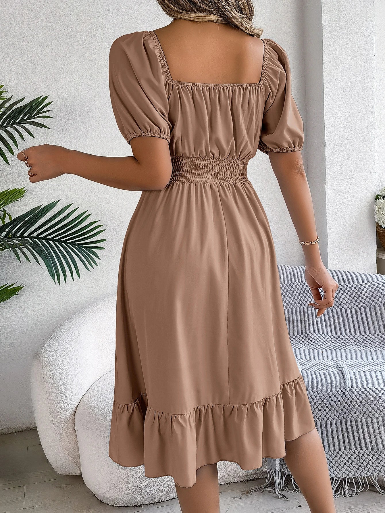 Women's Solid Puff Sleeve Square Neck Dress™ Ruched Bust Ruffle Hem Waist Dress,