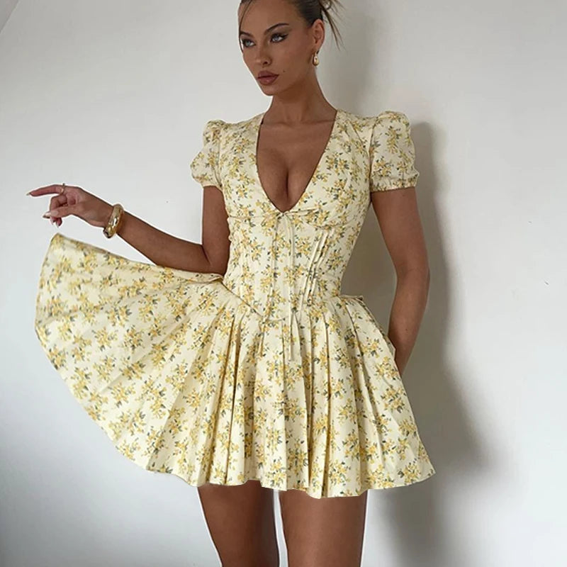 Women's Elegant Retro Print Y2K Dress™ Short sleeved Ruffled Aesthetic Dress