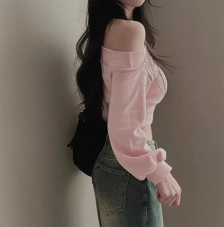 Women's Off-the-shoulder Sweatshirt™ Cropped Top Embroidery Loose-fit Windy Sweatshirt