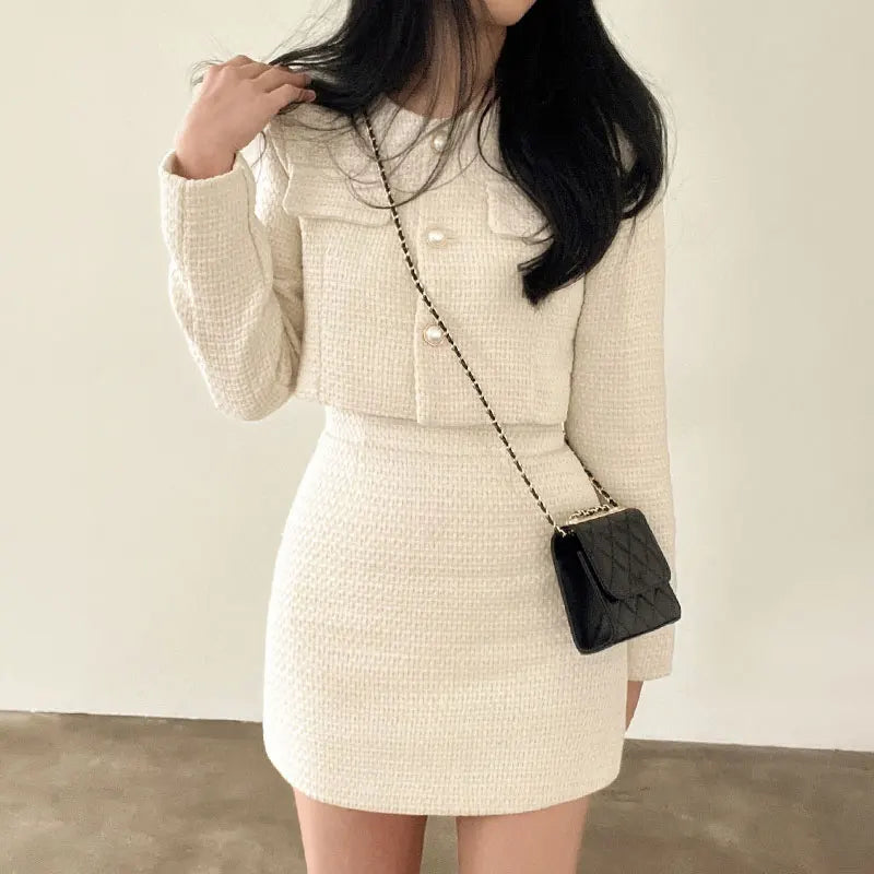 HELIAR Women's Jacket & Skirt Set™ Tweed Long Sleeve Pearl Buttons Short Jacket and A-line Mini Skirt Outfits