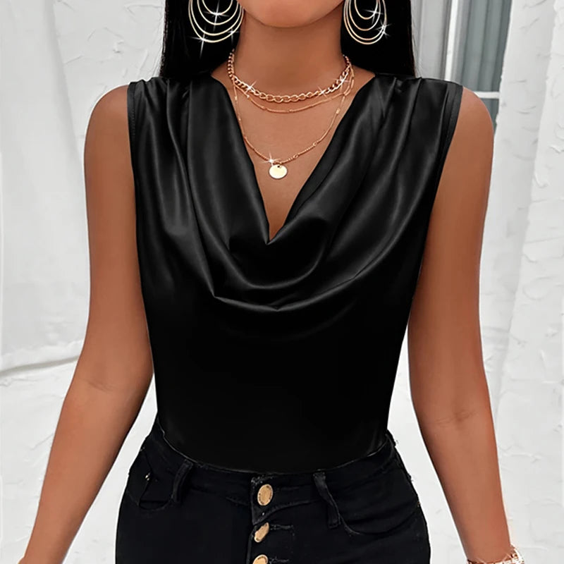 Women's Silk-Like Satin Tank Tops™ Strappy Cowl Neck T-Shirts