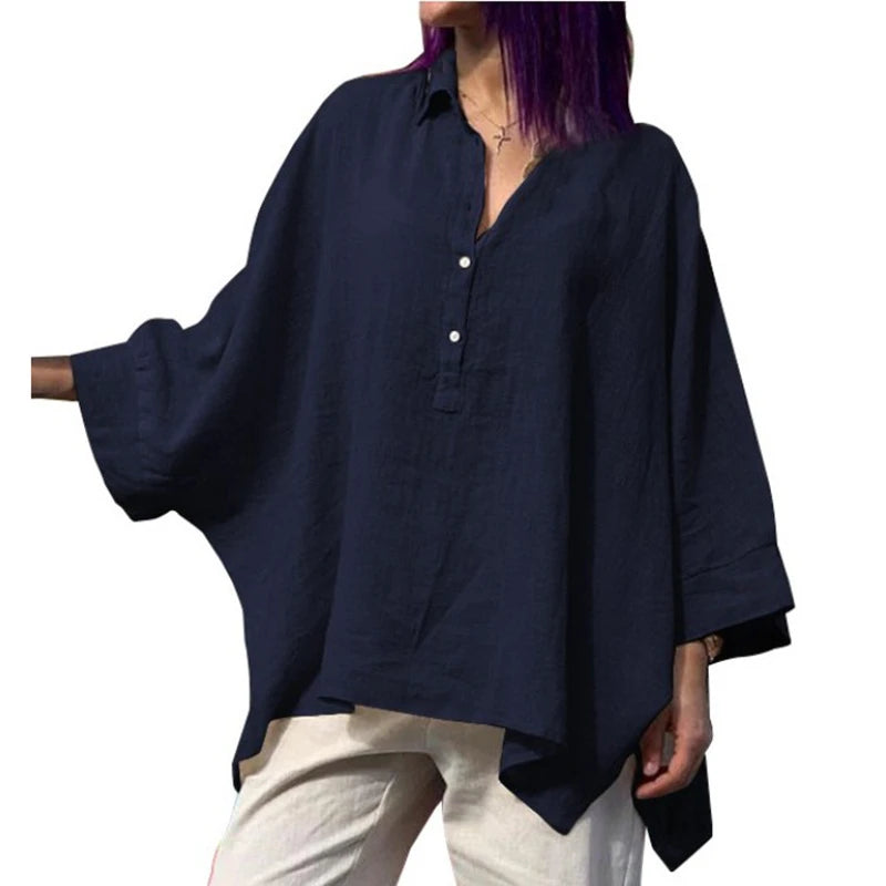 Women's Vintage Loose Cotton Shirts™ Punk Style Batwing Sleeve Polo Neck Blouses
