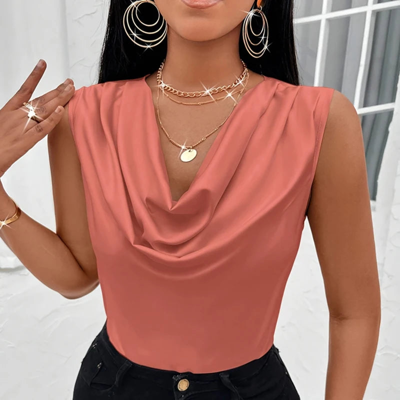Women's Silk-Like Satin Tank Tops™ Strappy Cowl Neck T-Shirts