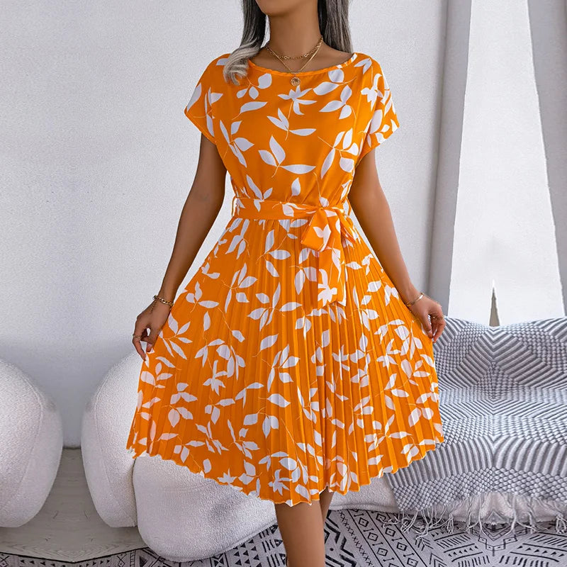 Women Dresses™ Spring Summer Short Sleeve High Waist Floral Pleated A Line Long Dress