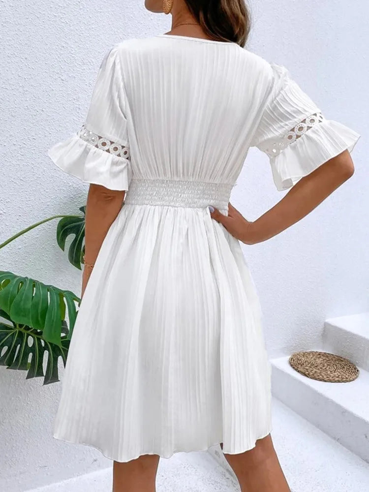 Women's Fashion Elegant Dress™ Ruffle Sleeve V-neck Woven Hollow White Simple Waist Dress